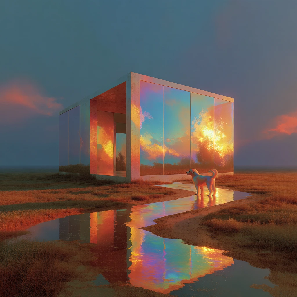 architectural minimalist building with iridescent glass panels, a small dog standing on a winding dirt path, warm golden hour light, teal atmospheric sky, soft sunset glow, prismatic reflections in shallow puddles, ethereal dreamlike quality, long shadows, low angle perspective, cinematic lighting, vibrant orange and pink highlights, high-end 3d render aesthetic, soft hazy background, hyper-detailed textures, minimalist composition, serene mood.
