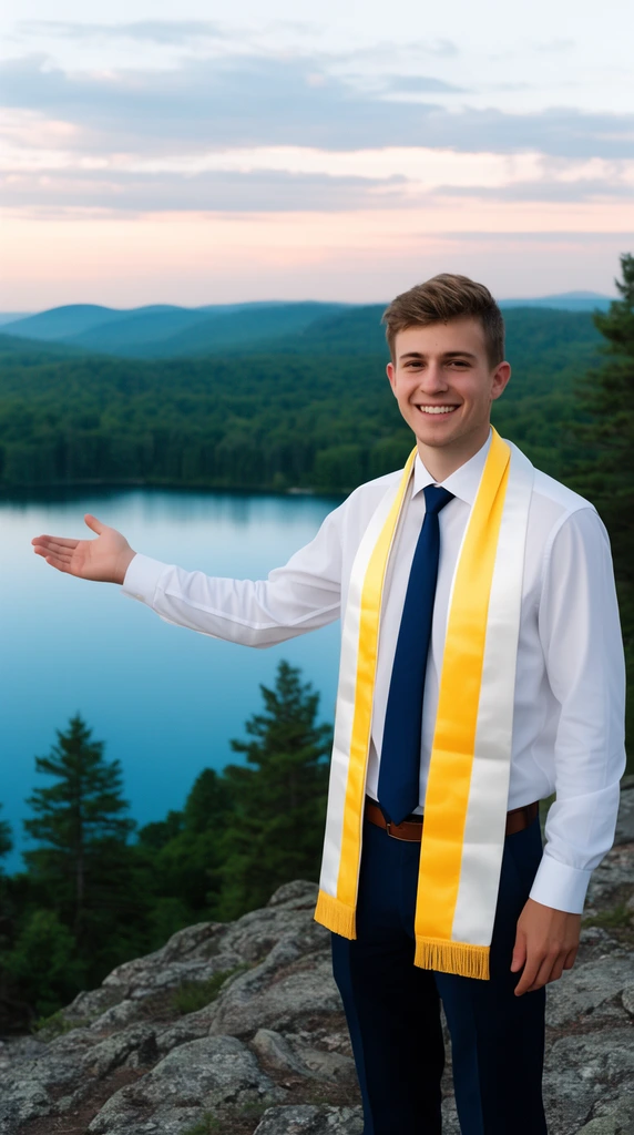 smiling young man standing on a rocky overlook, white dress shirt, navy tie, white and yellow ceremonial sash, left arm extended presenting a calm blue lake, rolling green hills, pine trees, soft dusk sky