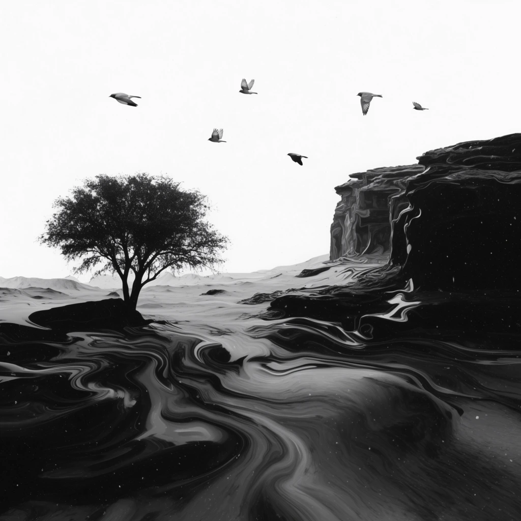 A surreal, high-contrast monochromatic depiction of a rocky desert landscape featuring a left tree, a right cliff, and five birds set against a vast, stark white background. A dark silhouetted tree stands on the left, while a cliff face rises on the right, both structures emerging from a terrain rendered with a deep, glossy, fluid-like digital distortion. The desert floor and cliff textures flow in smooth, undulating waves, resembling swirling marbled ink or a viscous, heavy liquid with rich black gradients. Five distinct birds fly within the pure white sky above. The dark, glossy surfaces of the terrain are punctuated by tiny, scattered white specks resembling dust. Extreme high contrast sharpens the dark elements, isolating the warped, flowing desert forms against the bright, solid white upper composition.