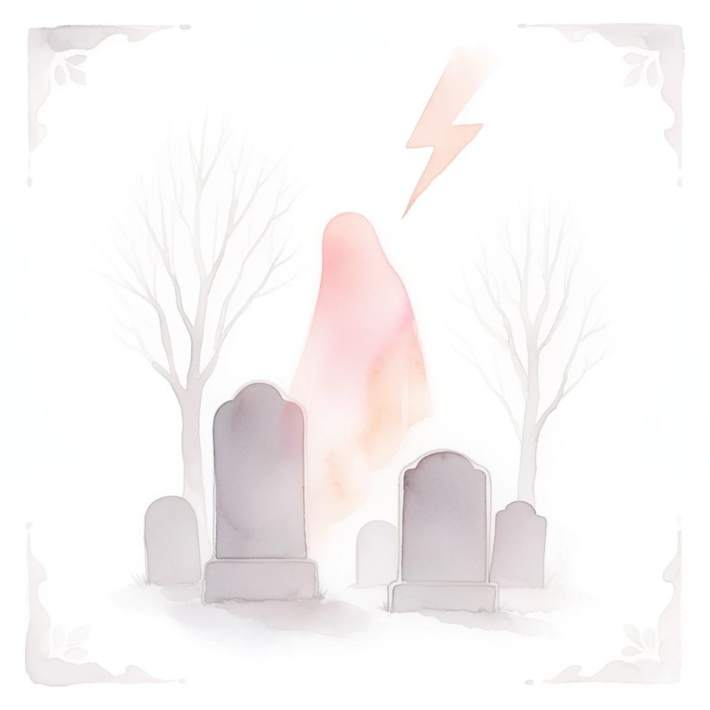 A delicate watercolor illustration depicts a translucent ghost figure floating behind several tombstones, surrounded by bare trees under a lightning bolt, framed by decorative corners in soft pastel washes. The central ghost figure is rendered with luminous, soft blush pink and warm peach watercolor gradients that seamlessly merge into the surrounding pure white space. It hovers behind a cluster of minimalist tombstones painted in smooth, muted heather gray washes with highly refined, delicate outlines. Flanking the gravesite, bare trees reach upward, their slender branches formed by subtle, fine gray linework and pale, translucent pigment. A stylized lightning bolt strikes from above in a single, soft peach watercolor stroke against the stark white background. Decorative corner motifs in matching pale gray washes gently frame the composition. The artwork utilizes a high-key, ethereal aesthetic characterized by smooth pigment pooling, entirely flat and diffused lighting, and an expansive use of pristine white negative space to create a serene, minimalist atmosphere.