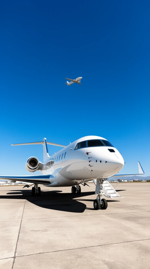 A sleek white private jet rests on a concrete tarmac under a vast, cloudless blue sky. Angled toward the right foreground, the aircraft features deployed airstairs and prominent winglets, casting sharp black shadows beneath its landing gear in the harsh sunlight. High above, a second small plane flies through the expansive azure sky. The low-angle, wide-shot composition emphasizes the aircraft's aerodynamic lines against a distant horizon of faint buildings and mountains.