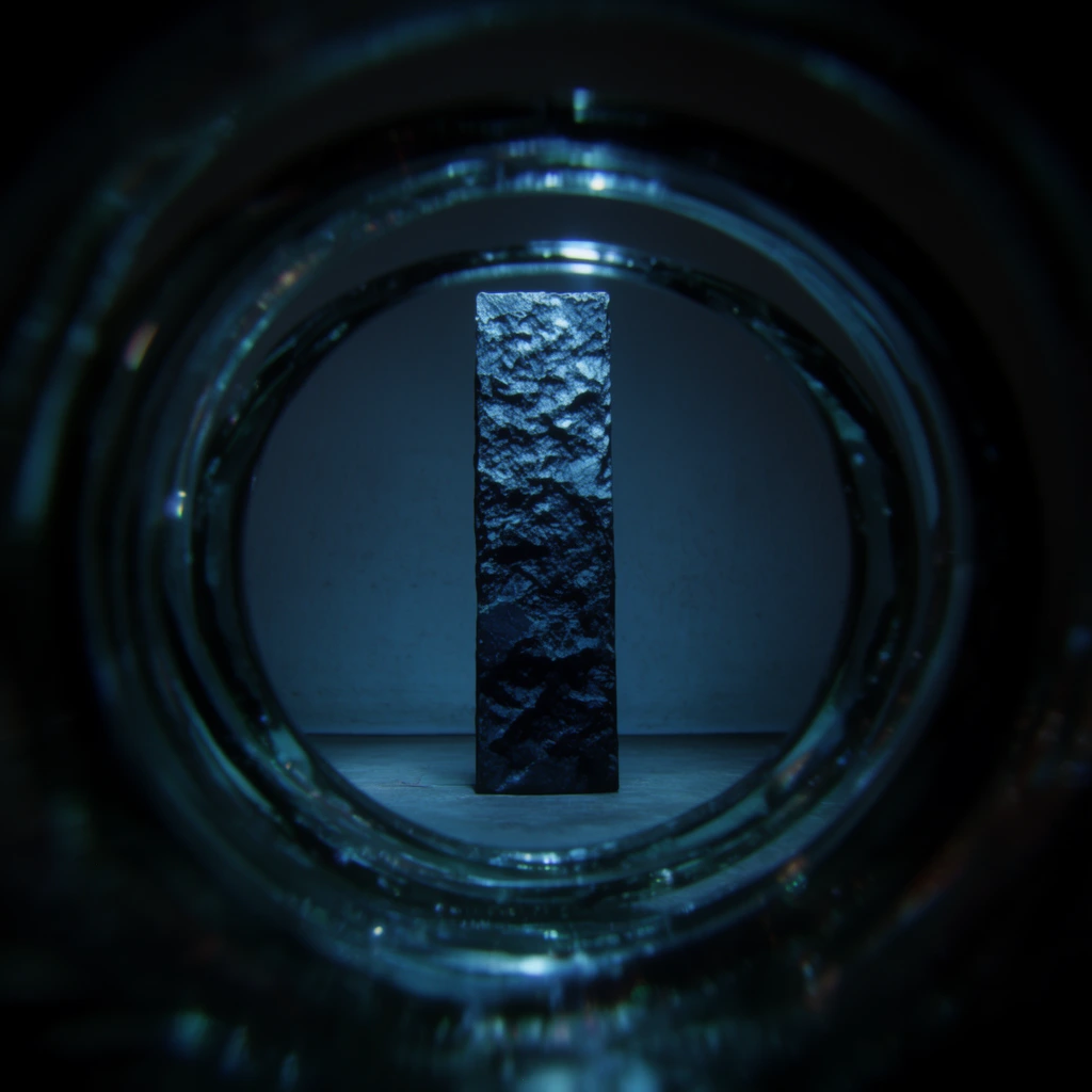 A tall vertical rectangular block with deeply irregular textured surfaces stands upright on a flat floor against a plain wall, viewed centrally through a series of glowing, concentric glass-like optical rings that create a deep tunnel effect. The composition is immersed in low-key, moody cyan and cold blue lighting, with deep black shadows dominating the periphery to form a heavy, dark circular vignette. Harsh specular highlights accentuate the rugged topography of the block's surfaces and catch the slick, reflective edges of the overlapping circular frames. An extreme shallow depth of field blurs the immediate foreground rings and the plain background wall into soft, shadowy gradients, locking pinpoint focus directly on the illuminated center of the textured vertical block. The visual style features cinematic macro lens characteristics, including localized chromatic aberration, intense micro-contrast, and a focused, voyeuristic perspective.