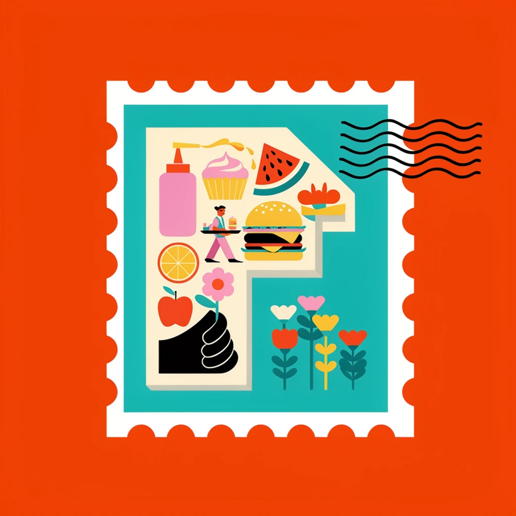 A stylized postage stamp with a perforated white border rests against a solid vibrant orange background. The stamp contains a bright teal rectangle that frames a large, cream-colored, stepped geometric cutout. Filling this right-angled shape is a dense, playful collage of flat vector illustrations featuring a pink squeeze bottle dispensing yellow liquid, a frosted cupcake, a watermelon slice, a citrus wheel, a burger carried on a tray by a small figure, an apple, and a black hand holding a pink flower. Beside the lower section of the geometric shape, four stylized floral stems with heart-like blossoms grow upward against the teal. Four black wavy cancellation lines extend outward from the upper right edge of the stamp. The artwork utilizes a bold, mid-century modern graphic style with crisp edges and a vibrant color palette.