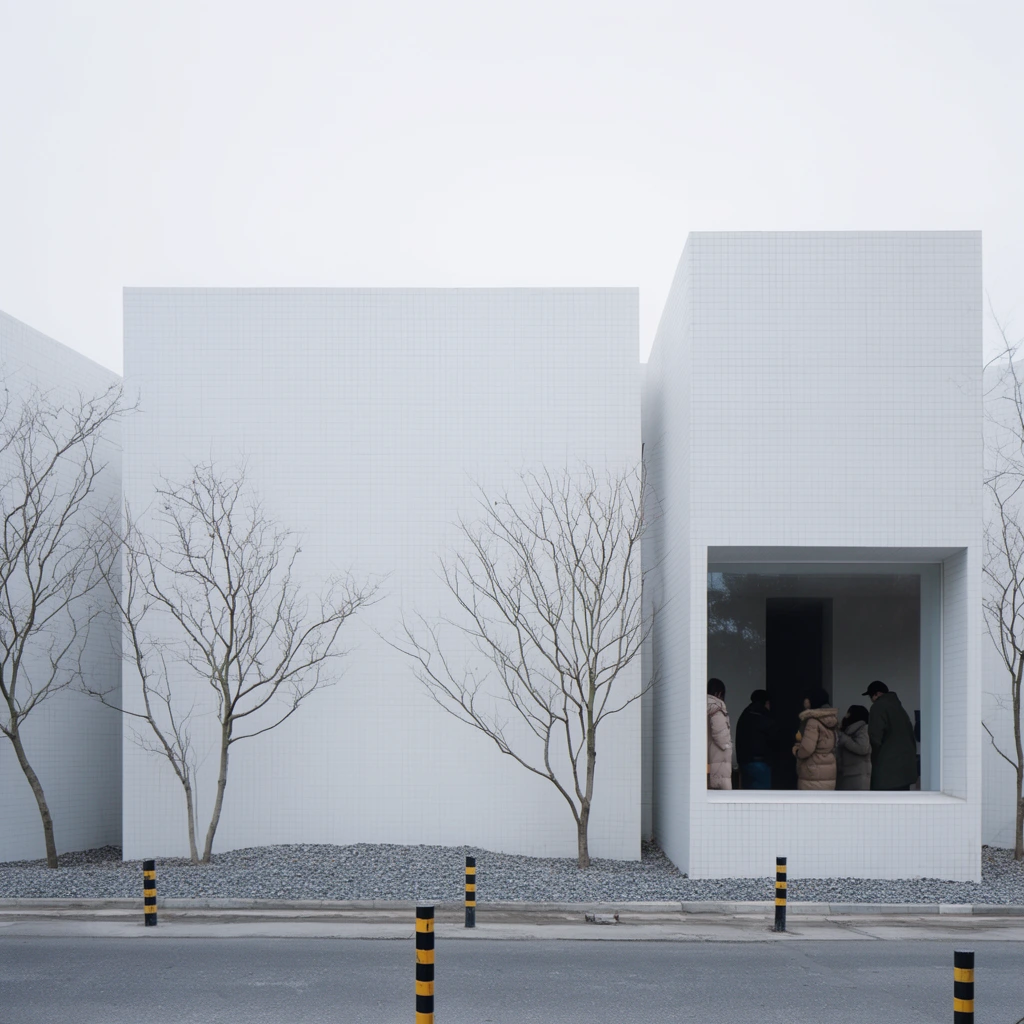 A minimalist building composed of stark white geometric volumes stands along a paved street under an overcast sky. Clad entirely in a grid of small white tiles, the structure features a flat central facade and a projecting right section with a large, deeply recessed rectangular window. Inside the window, several figures in winter coats gather in a dimly lit room. Slender trees with bare branches grow from a bed of gray gravel directly in front of the walls, contrasting organically with the rigid architecture. A gray asphalt road bordered by black-and-yellow striped bollards occupies the foreground. The architectural photography employs flat, diffused lighting and a strict frontal perspective to emphasize the clean, stark aesthetic.
