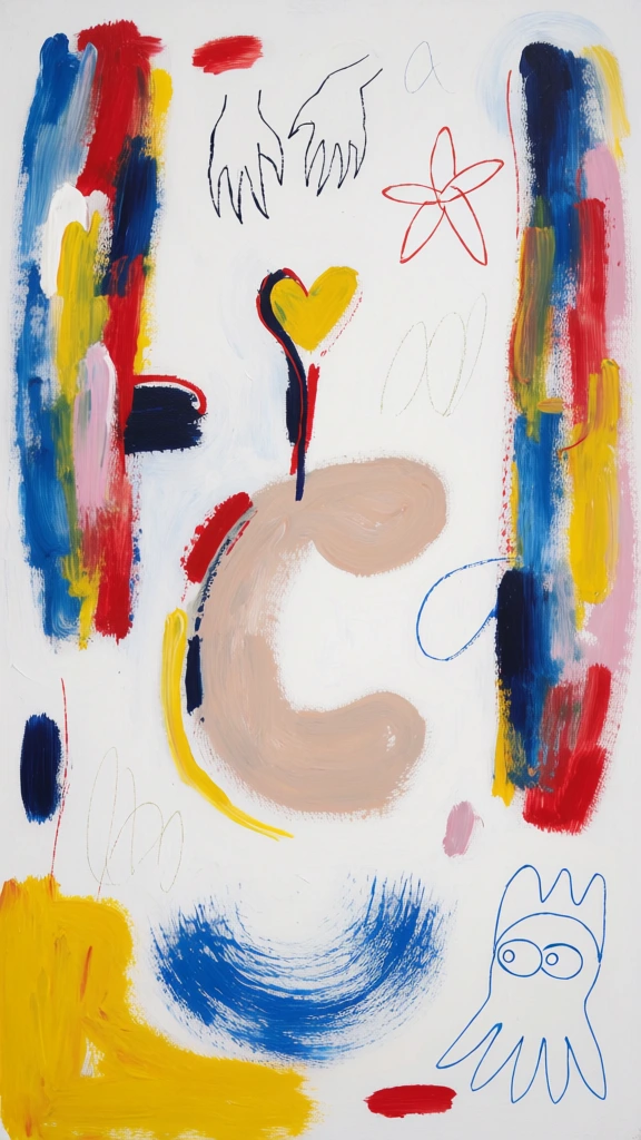 This vertical abstract painting features expressive, multicolored vertical bands framing a collection of central organic shapes and line drawings on a stark white background. Two prominent vertical bands anchor the composition on the left and right sides, composed of streaky navy blue, bright red, and yellow brushwork. In the center of the canvas, a large, pale tan C-shaped form is rendered with soft, textured brushstrokes. Just above this central figure, a small yellow heart-like shape sits atop a thin, dark red and navy stem. Near the top center, delicate black outlines depict hand-like gestures or clawed shapes, while to their right, a simple five-pointed star or flower is outlined in red. The bottom of the piece contains a dense, scratchy semi-circular stroke of blue paint in the center, and a pool of bright yellow paint filling the lower left corner. In the bottom right corner, a thin blue outline creates a stylized, cartoonish character with round eyes and a tentacled or crown-like head. Scattered across the white canvas are faint, light grey scribbles and small dabs of red and dark blue paint. The artistic style is neo-expressionist, characterized by energetic, visible brushstrokes and a mix of thick paint applications with sketchy, thin line work. The color palette is primarily composed of primary colors—red, blue, and yellow—contrasted against the neutral tan of the central figure and the expansive white background. The composition is two-dimensional and flat, emphasizing the texture of the paint and the gestural nature of the markings.