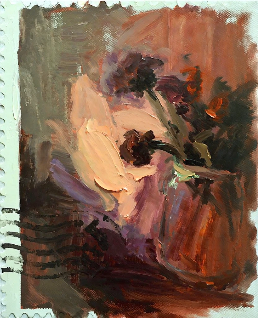 expressive gestural impasto painting, postage stamp of flowers with a postmark, thick loose brushstrokes, painterly abstraction, warm earthy palette of burnt sienna, terracotta, cream, visible canvas texture, blurred edges, abstract floral forms, dark ink postmark rendered with heavy strokes, dramatic lighting, rich texture, evocative raw aesthetic, deep umber and muted lavender accents, serrated stamp edges suggested by rough paint, oil on canvas look, high contrast