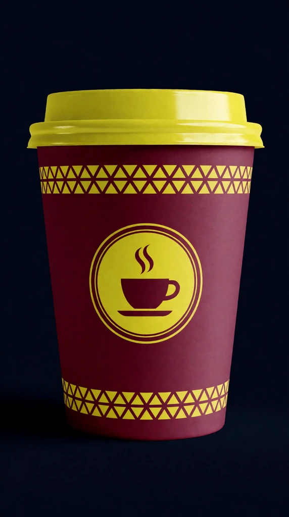A deep maroon paper coffee cup with a glossy bright yellow lid centered against a dark navy background. The cup is adorned with yellow geometric triangle bands and a central emblem of a steaming cup. Studio lighting casts a soft leftward shadow, highlighting the high-contrast palette and smooth cylindrical texture.