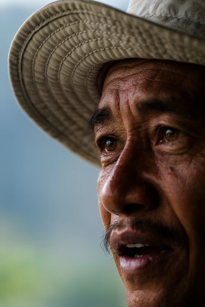 An extreme close-up portrait of an older man with weathered, tanned skin wearing a stitched canvas sun hat. The tight right-aligned crop focuses on deep facial wrinkles, a thin mustache, and warm brown eyes gazing off-camera. Soft natural light accentuates his rugged skin texture and slightly open mouth, fading into deep shadow on the right side of his face. A shallow depth of field heavily blurs the cool bluish-grey and soft green background, starkly isolating the subject's profile in a striking documentary photography style.
