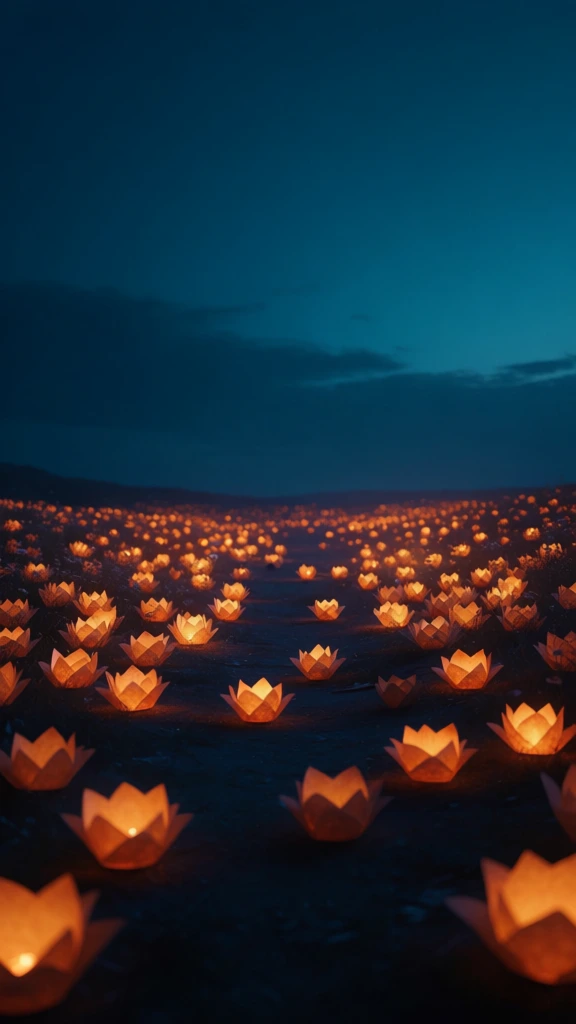 wide angle landscape, upper half a deep teal twilight sky during blue hour, central path of dark earth leading towards the horizon, thousands of glowing warm amber lotus-shaped paper lanterns scattered across the ground following the path, cinematic low-key lighting, high contrast between cool indigo shadows and warm fiery points of light, ethereal atmosphere, soft bokeh in the distance, fine paper textures, peaceful moody aesthetic, serene and mystical composition, 8k resolution.