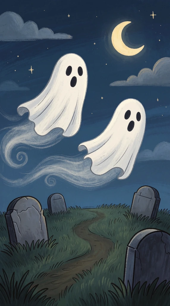Two whimsical white sheet ghosts float playfully through a deep blue night sky above a grassy graveyard, trailing translucent white wind swirls. The classic ghosts feature simple, smiling black oval eyes and mouths. Below, rounded grey gravestones are nestled in thick, textured dark green grass beside a subtly winding dirt path. The sky is illuminated by a pale yellow crescent moon, scattered four-pointed stars, and stylized grey clouds. The 2D digital illustration utilizes soft shading, visible brush textures, and distinct outlines to create a charming, lighthearted storybook aesthetic.