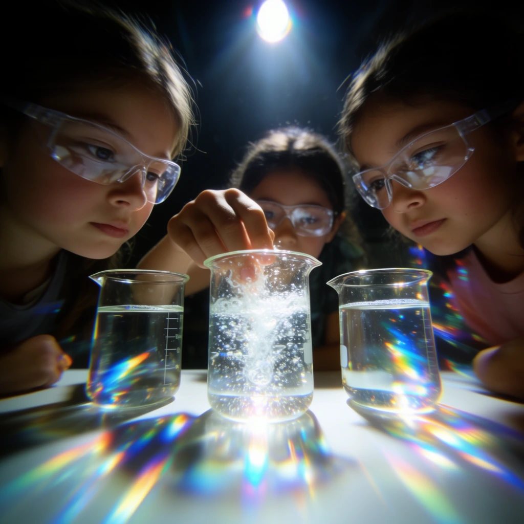 Three young girls in clear safety glasses lean intently over a white table in a dark setting, observing three glass beakers filled with clear liquid. A hand reaches into the central beaker, triggering a vigorous effervescent reaction. A brilliant overhead spotlight casts a dramatic glow across their focused expressions while leaving the background in shadow. The intense illumination refracts through the glass, projecting vivid prismatic rainbow flares across the foreground. The close-up composition features a wide-angle lens perspective with distinct edge distortion and pronounced chromatic aberration for a highly stylized cinematic aesthetic.
