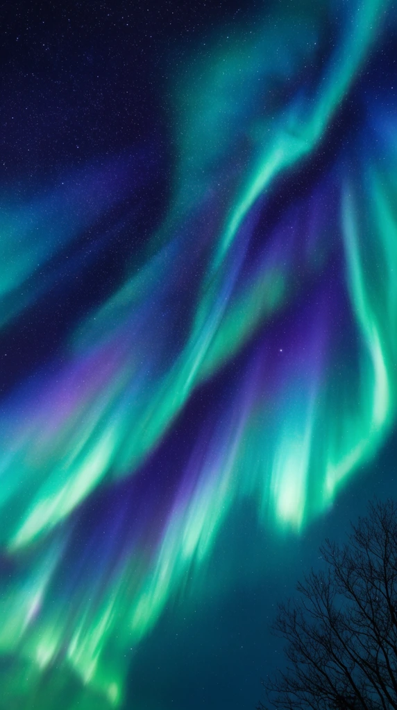 Vibrant aurora borealis filling the night sky, glowing ribbons of emerald green and bright teal light, deep indigo and violet hues blending into dark blue cosmos, countless tiny white stars speckling the vast background, faint silhouette of bare tree branches in the bottom right corner, long exposure astrophotography, vivid luminescence, ethereal atmosphere