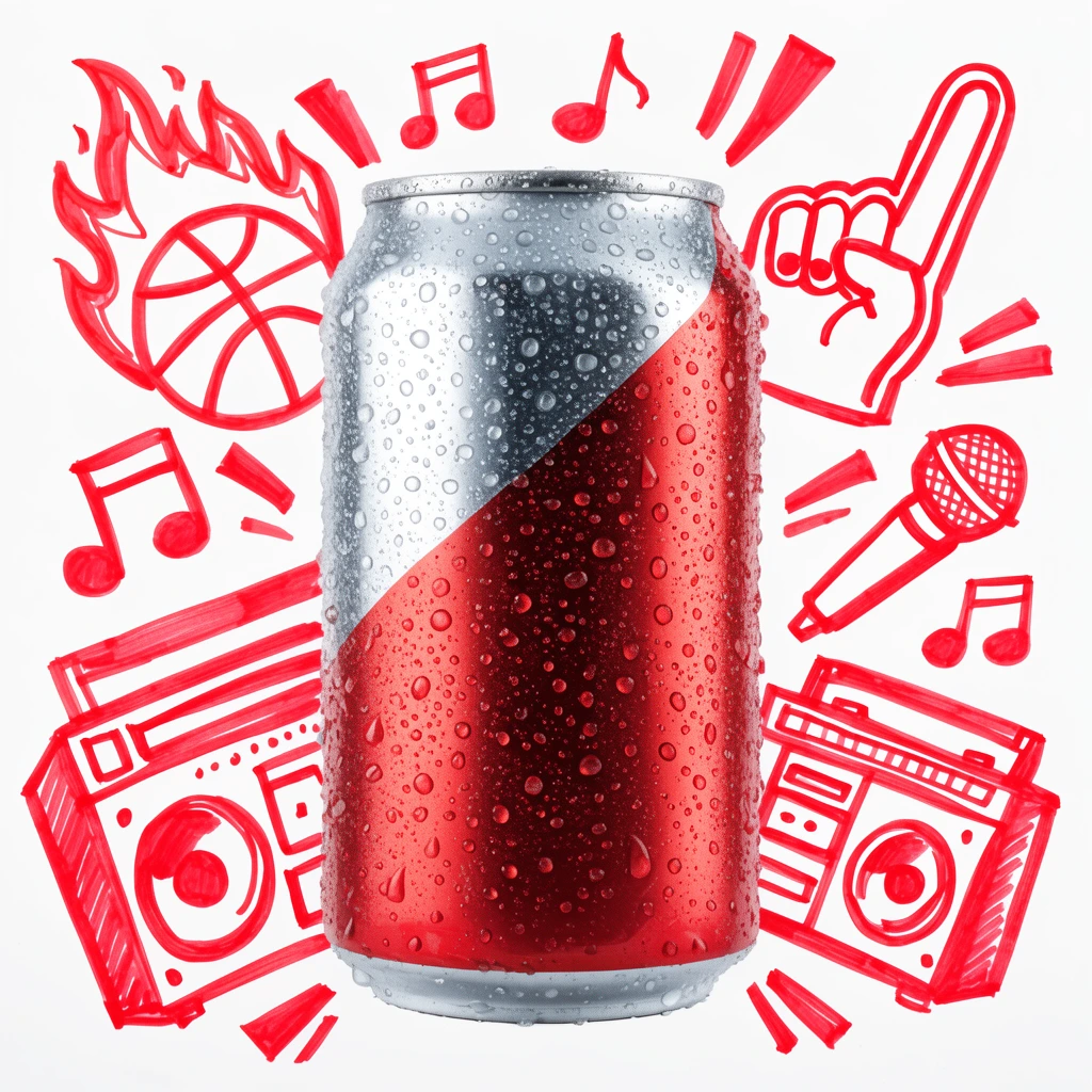 condensation-covered silver and red beverage can, pure white background, surrounded by explosive thick red marker doodles bursting outward, hand-drawn flaming basketball, foam finger, boombox, microphone, music notes, dynamic mixed media