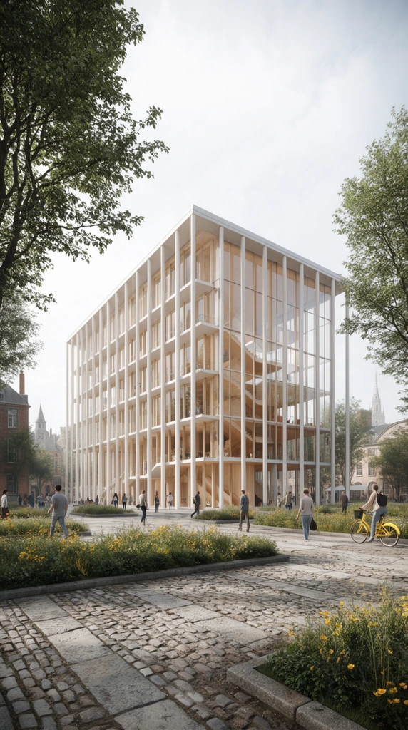 A multi-story modern rectangular building anchors a public plaza under bright, diffuse daylight. Slender white exterior columns form a rhythmic grid around expansive glass facades, revealing warm, light-toned wood interiors and open staircases. The foreground features a textured plaza of cobblestones and stone slabs, integrated with low planter beds full of green foliage and yellow wildflowers. Mature trees frame the scene's left and right edges. Pedestrians in casual attire stroll the grounds, including one riding a yellow bicycle. Glimpses of historic brick architecture and a distant spire populate the background. Photorealistic architectural visualization with a wide-angle perspective and deep depth of field.