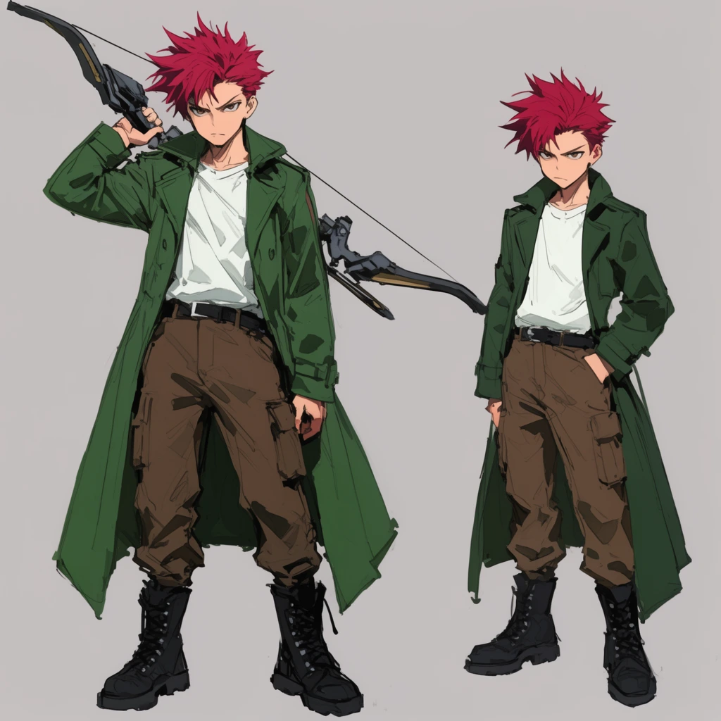 Two cel-shaded anime illustrations of a young male warrior against a solid light grey background. The left figure stands poised gripping a large high-tech bow slung across his back. He wears a long green trench coat, white shirt, brown cargo pants, and black combat boots, featuring spiky crimson hair and a stern expression. The right figure is a smaller variation standing casually with one hand in his pocket. The artwork features rough sketch lines and flat coloring.