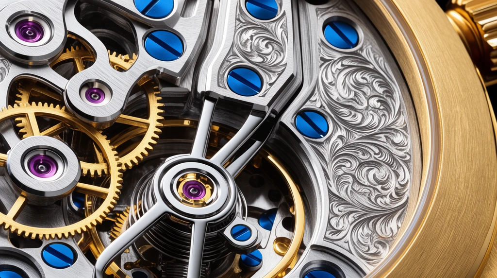 Extreme macro photography of a complex mechanical watch movement. Silver-toned metal bridges, gold gears, and polished steel levers interlock tightly. Vivid blue screws and purple jewel bearings add striking color contrast. Elaborate swirling floral hand-engraving decorates a silver plate near a curved, brushed gold outer casing. High-contrast lighting highlights the fine brushed textures and precise beveled edges.