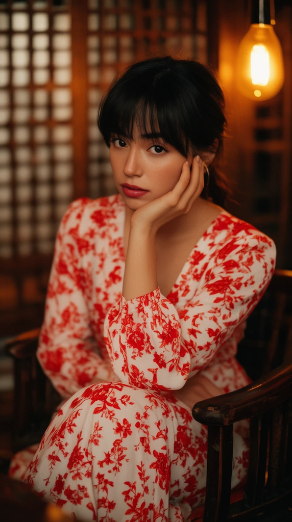 young woman with dark bangs resting hand on cheek, white dress with red floral print, sitting in dark wooden chair, warm cinematic lighting, blurred wooden lattice screen, glowing amber bulb, shallow depth of field