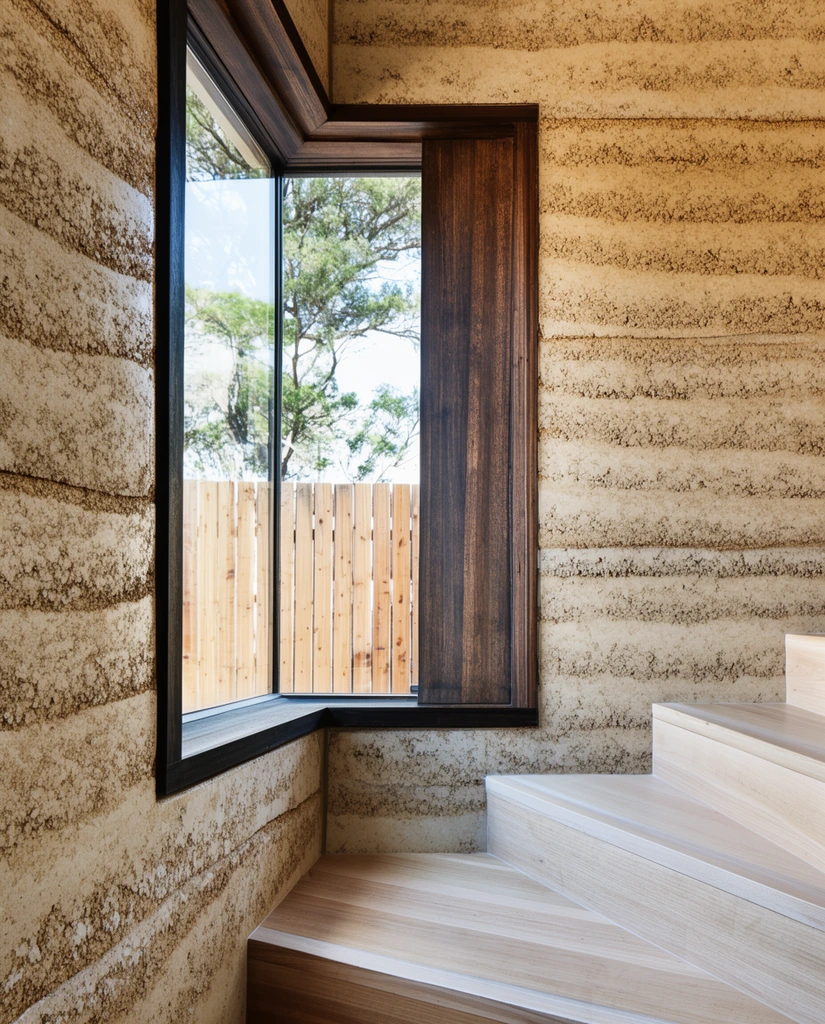 textured rammed earth wall with horizontal striations, dark wood corner window, light timber steps, bright natural daylight, view of exterior wooden fence and trees, minimalist architecture