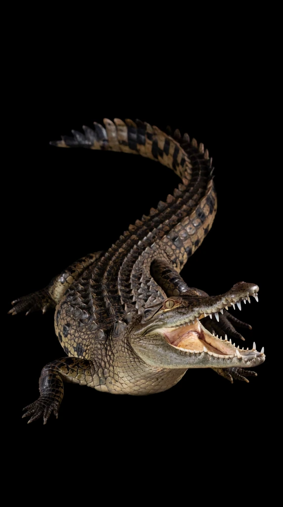 slender-snouted crocodilian with open jaws displaying sharp conical teeth, pale mouth interior, raised head in sharp foreground focus, dynamic s-curved posture, raised ridged tail curling upwards in the background, splayed clawed feet, dark mottled brown and black reptilian skin, prominent jagged scutes along the spine, pale yellow eye with vertical slit pupil, isolated against a pure pitch-black background, studio wildlife portrait, dramatic directional lighting highlighting rough scale textures, stark contrast, hyper-detailed photography