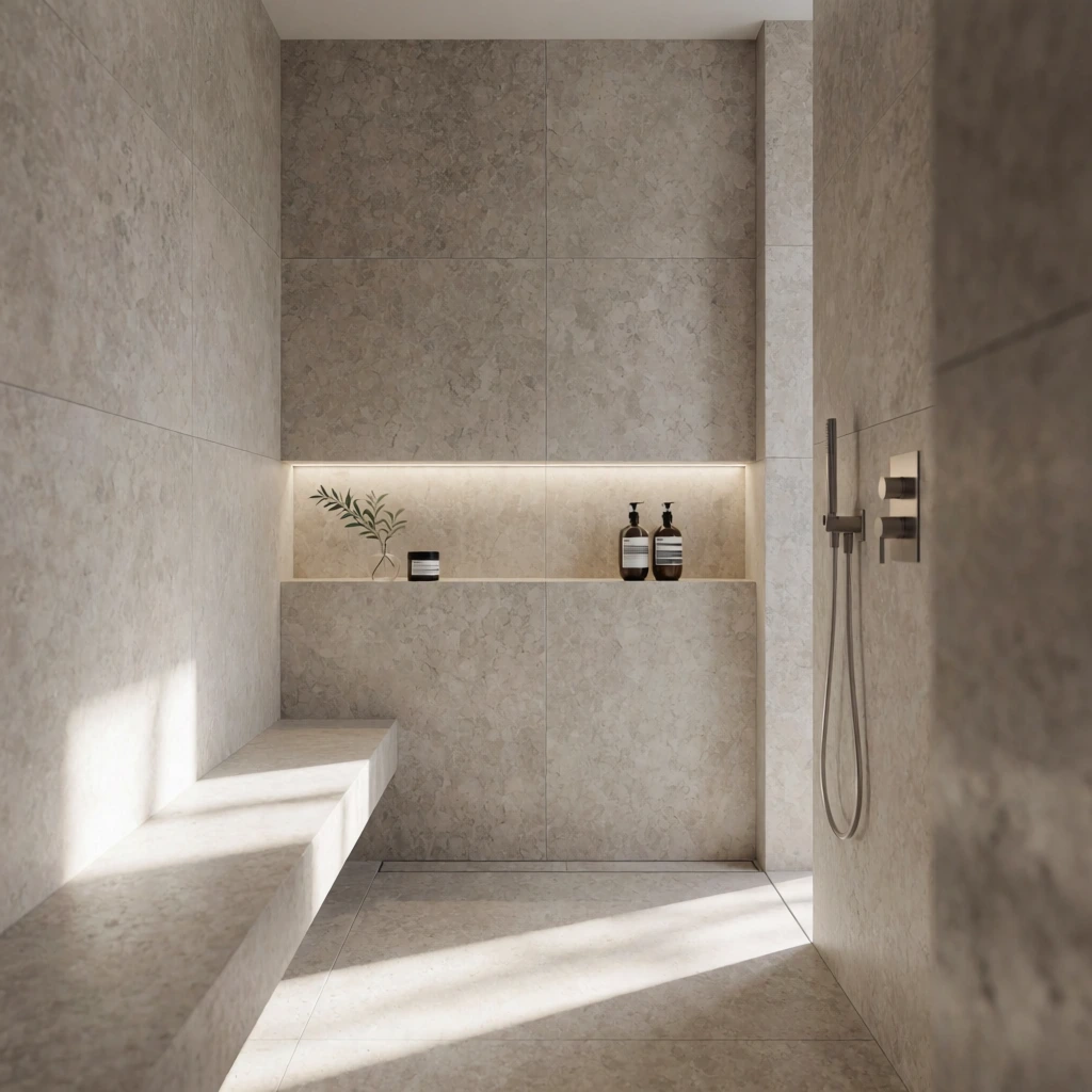A minimalist shower enclosure clad in light grey textured stone tiles. A built-in stone bench along the left wall is bathed in diagonal rays of natural sunlight, casting sharp geometric shadows across the floor. A recessed niche above the bench glows with concealed warm LED lighting, holding a small glass vase with a green sprig, a black jar, and two pump bottles. Sleek brushed metal fixtures, including a handheld shower wand and hose, are mounted on the right wall. The architectural composition emphasizes a serene monochromatic palette of warm greys, framed by a softly blurred wall edge in the right foreground.