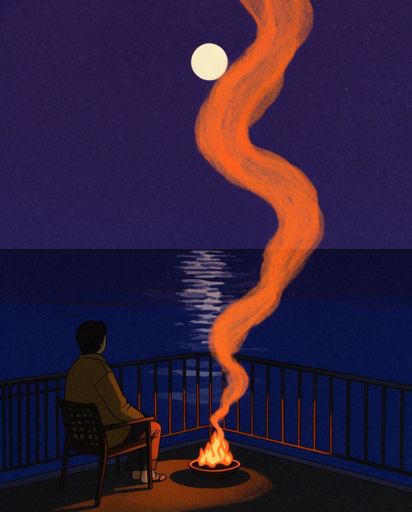 2D illustration, person on nighttime balcony overlooking ocean, small glowing fire bowl, thick winding orange smoke rising to full moon, dark purple sky, moon reflection on calm water, lo-fi aesthetic, grainy texture