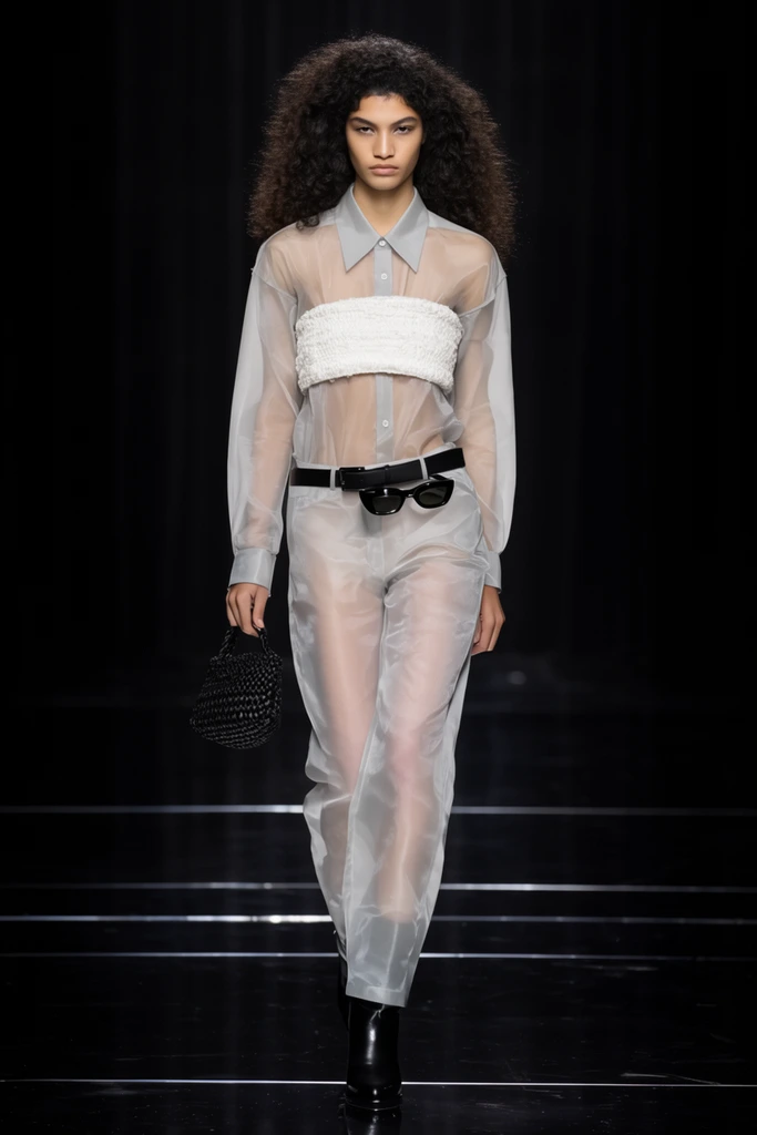 Runway fashion model, voluminous dark curly hair, sheer pale grey button-down shirt, matching translucent trousers, textured white bandeau, black belt with tucked sunglasses, small woven black handbag, black boots, reflective black floor with white lines, dark backdrop, dramatic spotlight, high fashion photography