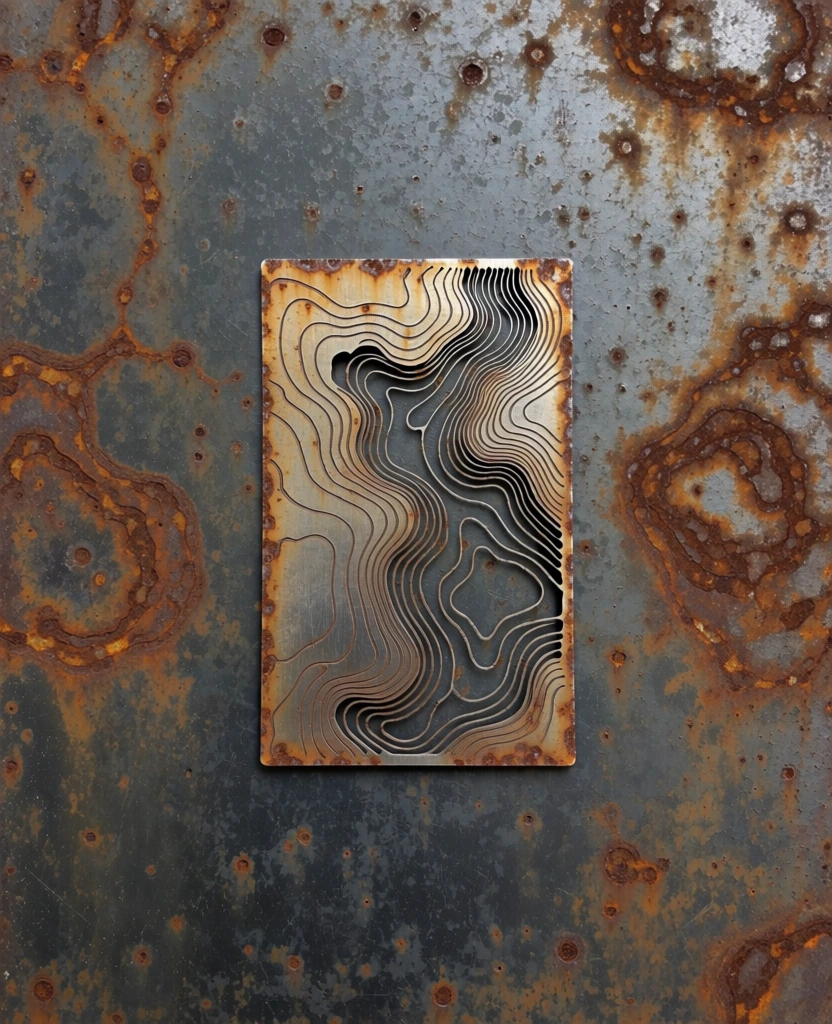 A rectangular metal plate featuring intricate, laser-cut topographic contour lines lies centered on a larger, weathered, and heavily rusted dark gray metal surface. The central object is a vertical rectangle of thin metal, primarily ochre and tan with dark, burnt-orange rust along its edges and within its engraved design. This plate is pierced with numerous flowing, concentric lines that mimic the appearance of a topographical map, with some portions completely cut through to reveal the dark gray surface underneath. The surrounding background is a large, flat, slate-gray metal sheet covered in a complex patina of oxidation. Patches of bright orange and deep brown rust are scattered across this surface, forming irregular, web-like patterns and small circular pits that vary in density. To the left and right of the central plate, the rust forms larger, swirling shapes that contrast with the linear precision of the plate's design. The shot is a flat-lay, captured from a directly overhead perspective, resulting in a two-dimensional composition. The lighting is soft and even across the entire frame, highlighting the detailed textures of the rust and the precision of the cut metal lines without creating shadows. The color palette is dominated by earthy tones of rust, metallic gray, and muted ochre, emphasizing themes of decay and industrial texture.