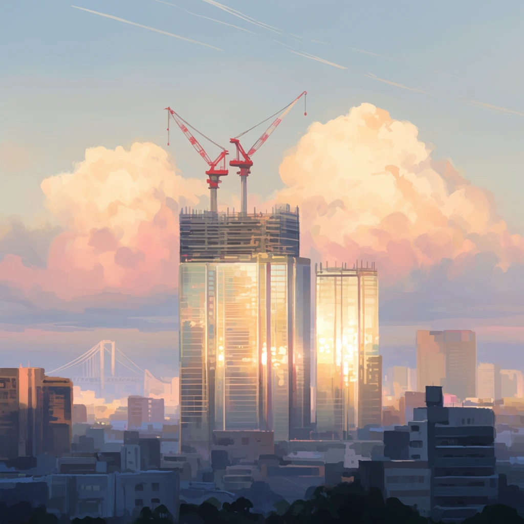 digital painting of a modern cityscape at golden hour, central skyscraper under construction with two red tower cranes, towering glass facades reflecting brilliant golden sunlight, shadowed low-rise buildings in the foreground, faint distant suspension bridge in atmospheric haze, massive voluminous cumulus clouds catching soft pink and warm orange light, pale blue sky with faint contrails, anime background art style, prominent painterly brushstrokes, atmospheric perspective, soft pastel color palette, wide panoramic composition