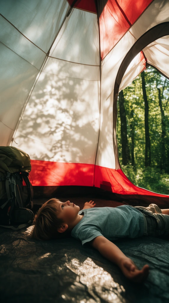 young boy lying flat on his back on the dark floor of a spacious camping tent, arms outstretched, gazing upward, large translucent white and red fabric dome overhead, dappled tree silhouettes cast onto illuminated interior walls, open right flap revealing a lush green forest, hiking backpack resting to the left, warm high-contrast natural sunlight, low-angle perspective, wide-angle cinematic photography
