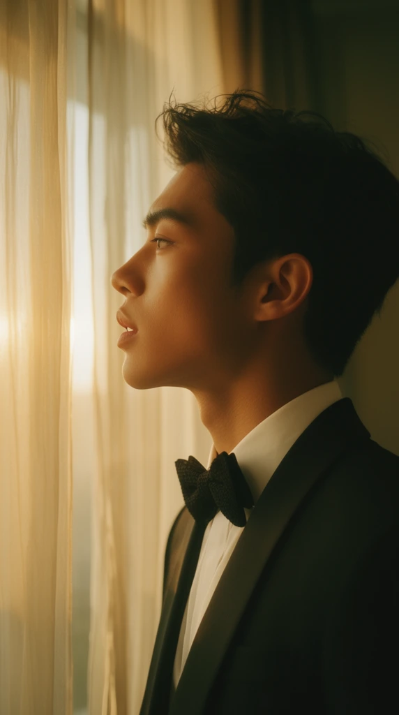 Close-up profile portrait of a young East Asian man facing left, elegant black tuxedo jacket, crisp white dress shirt, textured black bowtie, lips slightly parted, short dark hair lightly tousled at the crown, positioned next to sheer translucent cream curtains, intense warm golden hour sunlight streaming from the window, soft glowing illumination on his sharp jawline, deep muted olive and sepia shadows in the blurred background, cinematic anamorphic widescreen framing, shallow depth of field, rich amber color grading