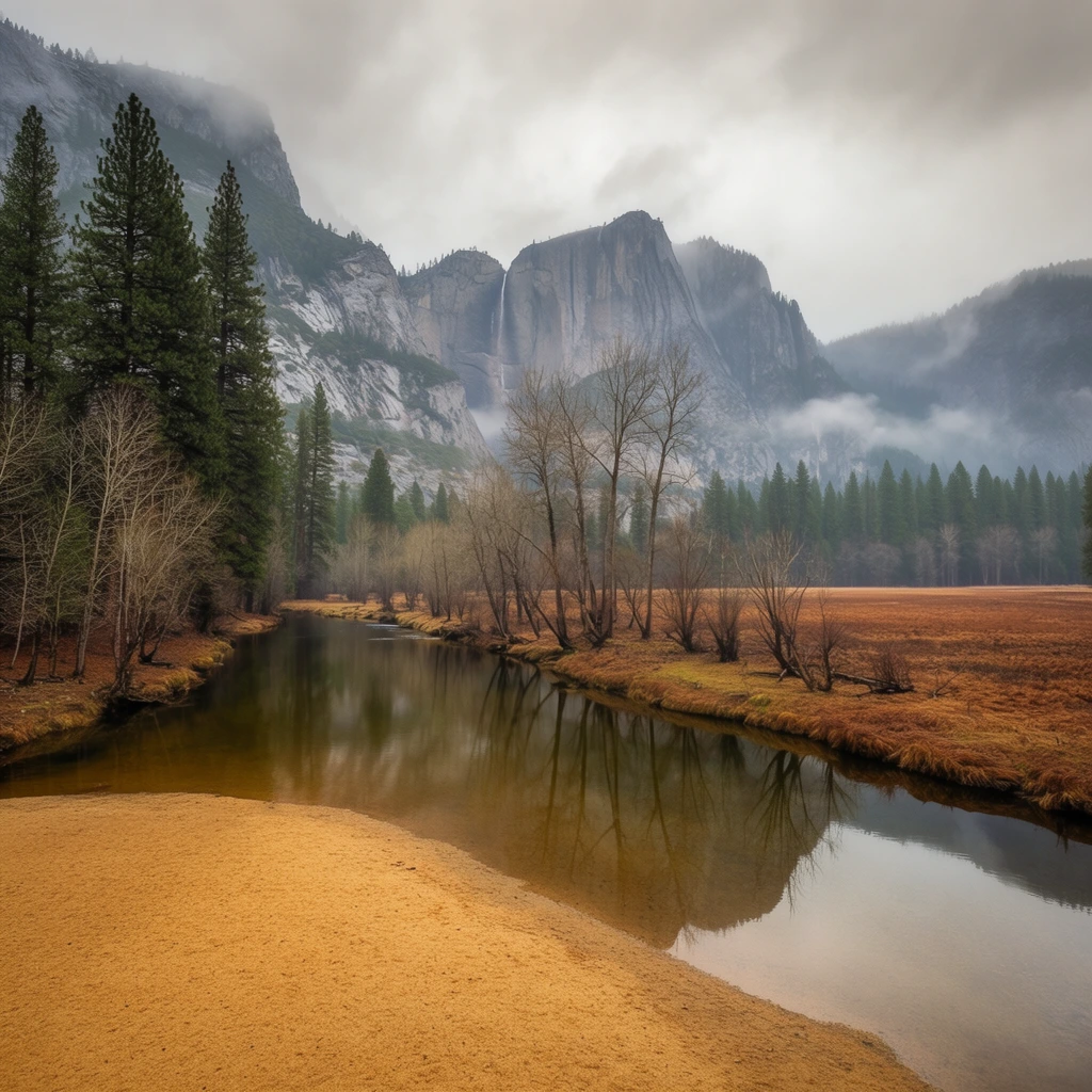 A tranquil river winds through a dormant valley meadow beneath towering, mist-shrouded granite cliffs. A golden-brown sandy bank slopes into the calm, dark water, which perfectly reflects the intricate bare branches of deciduous trees and the tall, dark green pines lining the left bank. The right side features a flat expanse of rust-colored grasses stretching toward a distant evergreen forest. Massive, sheer gray rock faces dominate the background horizon, highlighted by a thin waterfall cascading down the central vertical drop. Wisps of low-hanging fog cling to the forested mountain bases, fading upward into a heavy, overcast sky. The wide-angle landscape photography captures the immense scale of the environment using a muted, earthy color palette of grays, olive greens, and golden browns under soft, diffuse natural light.