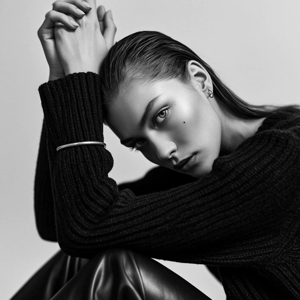 A high-contrast black and white editorial portrait of a young woman with slicked-back hair staring intensely at the camera. She leans forward, her hands elegantly clasped above her tilted head. She wears a thick dark ribbed sweater, smooth leather trousers, a thin metallic bangle on her wrist, and tiny hoop earrings. Soft directional studio lighting accentuates her strong cheekbones and a small mole near her left eye, set against a seamless light grey background with a shallow depth of field that gently blurs her raised hands.