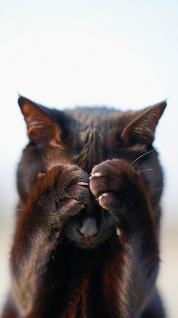 black cat covering eyes with paws, close-up portrait, photography, cute playful whimsical vibe