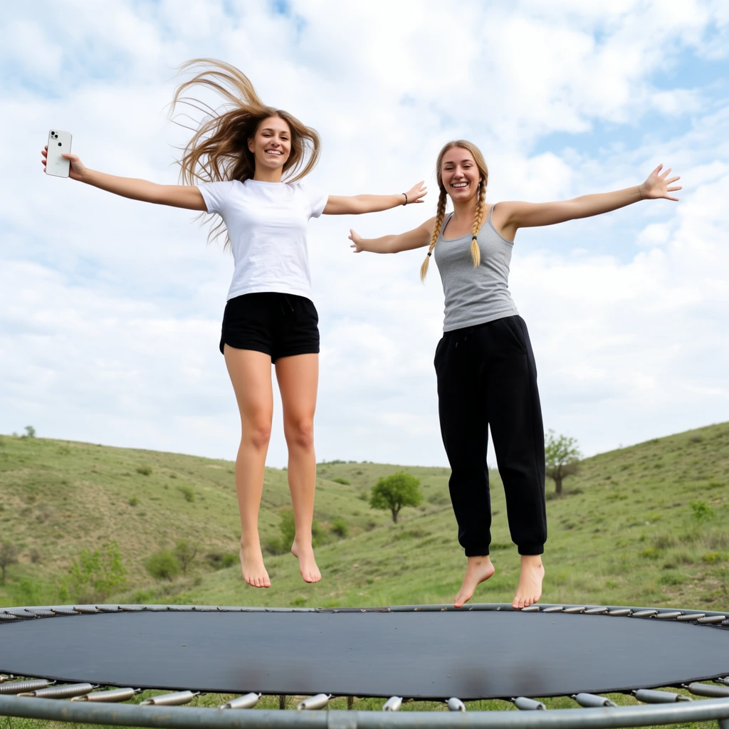 Two young women jump barefoot on a trampoline outdoors against a bright, partly cloudy sky. The woman on the left wears a white short-sleeved t-shirt and black shorts, her arms outstretched horizontally, holding a white smartphone in her right hand, her long light brown hair flying upward. The woman on the right wears a grey tank top and black sweatpants, her arms also extended, her blonde hair styled in two braids. Both women are smiling widely, suspended in mid-air above the black circular surface of the trampoline, which has a metal frame and exposed springs. The background features rolling green hills covered in sparse grass and a few small trees, sloping gently upward toward the horizon beneath the expansive blue and white sky. The low camera angle emphasizes their height above the trampoline.