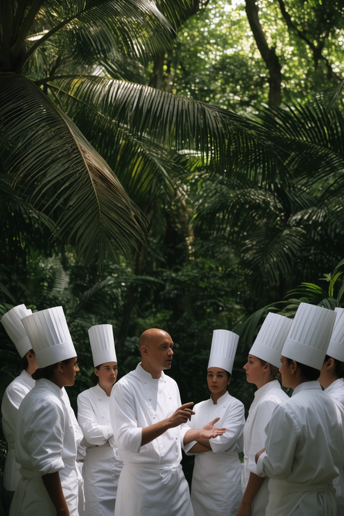 A culinary team in stark white coats and tall pleated toques gathers for a briefing amidst dense tropical foliage. A central hatless figure gestures to the group. Dappled sunlight filters through sweeping palm fronds and thick trees, contrasting the crisp uniforms against deep jungle greens.