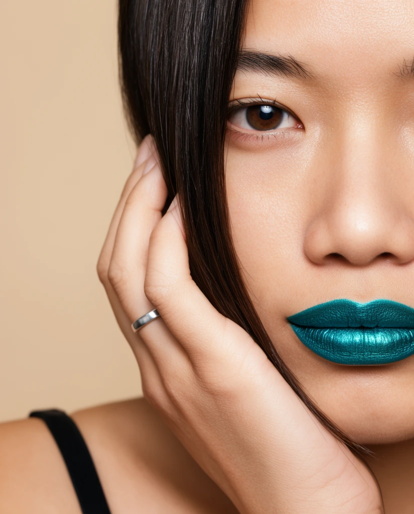 Extreme close-up portrait of a woman's face, striking metallic teal lipstick, natural skin texture, dark brown eye looking at camera, straight dark hair framing the cheek, hand gently resting on face, simple silver band ring, black shoulder strap, solid beige background, bright even studio lighting, high resolution beauty photography