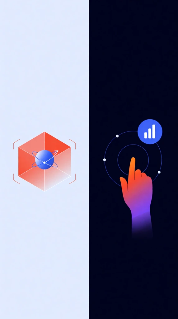 A split-screen minimalist vector illustration contrasting pale blue and deep navy backgrounds. The left panel features an open isometric cube with an orange-pink gradient interior, enclosing a central blue sphere encircled by an orbital arrow and framed by thin corner brackets. The right panel displays a vibrant orange-to-purple gradient hand touching the center of thin, concentric blue rings marked with tiny nodes. A solid blue circle containing three ascending white bars hovers above the rings, emphasizing a sleek, modern digital graphic aesthetic.