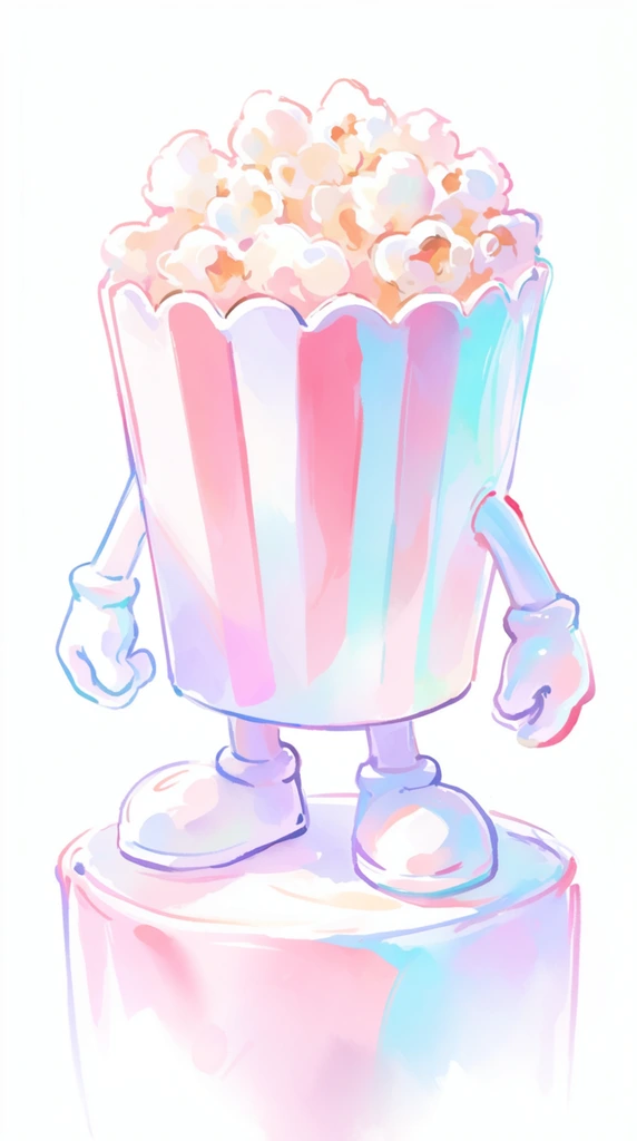 A toy popcorn bucket with limbs standing on a pedestal, rendered in a luminous digital illustration style with the delicate fluidity of watercolor and anime-inspired sketch art. The bucket, its appendages, and the pedestal are outlined with expressive, varied line art in soft hues of violet, powder blue, and blush pink. Sweeping, fluid digital brushstrokes in a high-key pastel color palette of cotton candy pink, iridescent cyan, and stark white define the dimensional forms. The coloring technique features smooth, painterly washes and bleeding gradients that fade softly into the exterior edges. Bright, glowing highlights are formed by areas of unpainted white space integrated directly into the subjects. Soft, pastel-tinted shading provides gentle volume, maintaining an airy, weightless atmosphere set entirely against a stark, minimalist white background that seamlessly merges with the translucent edges of the brushstrokes.