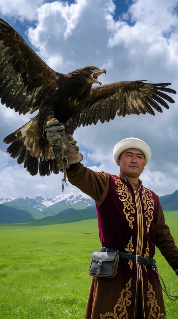 A man in a burgundy and brown tunic with intricate gold embroidery stands in a vibrant green steppe holding a massive eagle on his raised right arm. The dark brown bird has its wings fully extended and beak wide open, perching on a thick leather glove. The handler wears a traditional round white hat and a black belt with a small leather pouch. The low-angle composition highlights the dramatic wingspan of the bird against a lush background of rolling green hills, distant snow-capped mountains, and a dynamic cloudy blue sky.