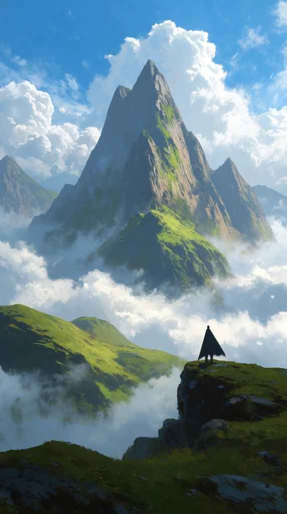 majestic mountainous digital concept art, lone figure in a dark triangular cloak standing on a grassy rocky cliff edge, gazing at a colossal sharp central mountain peak, steep rock faces patched with vibrant green vegetation, thick sea of white cumulus clouds and mist swirling through valleys, rolling green hills in the foreground, bright blue sky, cinematic wide-angle perspective emphasizing immense scale, atmospheric lighting, painterly rendering with visible brushstrokes