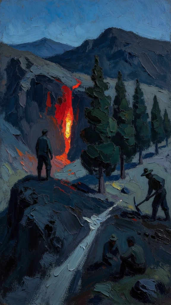 A group of dark, silhouetted figures populates a mountainous landscape under a deep blue twilight sky, centered around a mysterious, glowing red light. In the middle ground, a single dark silhouette stands atop a steep, blue-toned ridge, facing a vertical, vibrant patch of fiery red and orange light that emanates from a cleft in the mountains. To the right of this figure, four tall, slender evergreen trees with dark, jagged needles punctuate the horizon line against the backdrop of distant, rounded peaks. In the lower right foreground, another figure wearing a brimmed hat leans over, grasping a long-handled tool to work the blue-tinted earth, while two additional small figures sit or crouch together further back in the shadows. A pale, diagonal stripe representing a path or a frozen stream cuts down from the ridge toward the bottom center of the frame. The painting is characterized by an expressive, heavy application of paint with visible brushstrokes, utilizing a color palette dominated by shades of ultramarine, cobalt, and indigo, which contrast sharply with the singular, luminous red focal point. The low-angle perspective and somber lighting create a heavy, atmospheric mood, with the environment appearing both cold and ethereal.