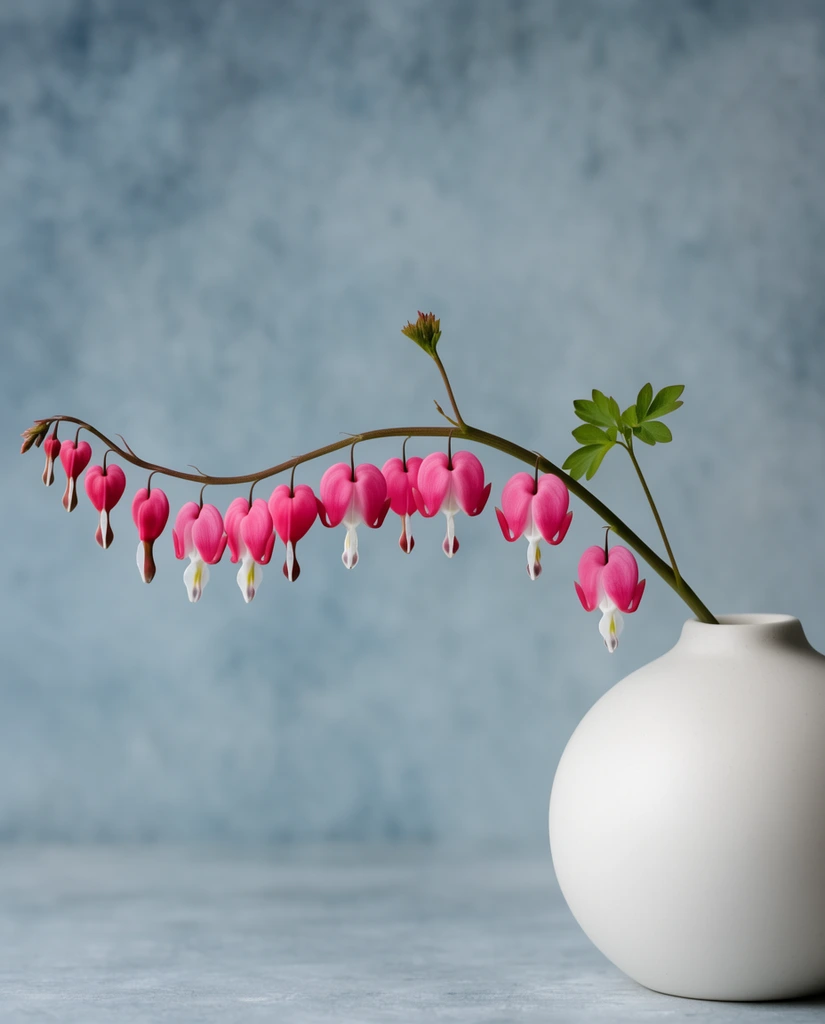 A single arching stem of vibrant pink and white bleeding heart flowers extends horizontally from a smooth, round matte white ceramic vase. The delicate heart-shaped blossoms hang downward in a neat row against a softly textured, mottled grey-blue background under gentle, diffused lighting.