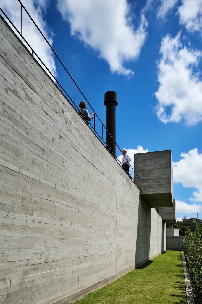 massive board-formed concrete wall, brutalist architecture, low angle perspective, two small figures standing on an elevated rooftop walkway, thin black metal railing, vibrant blue sky with fluffy white clouds, strong bright daylight, sharp hard shadows, tall black cylindrical chimney, protruding rectangular concrete volumes, green grass path alongside the base, clear architectural photography, wide-angle lens