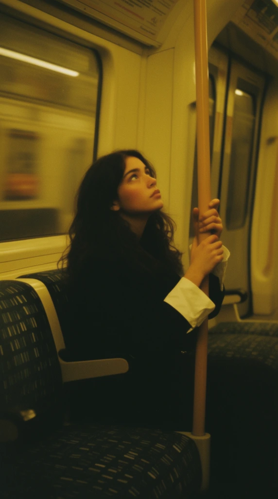 A young woman with dark wavy hair sits on a subway train, gazing upward while grasping a vertical handrail with both hands. She wears a dark jacket with a prominent white shirt cuff extending over her lower hand. The train seats are upholstered in dark fabric with a geometric pattern of light dashed lines. Behind her, a window displays blurred motion alongside closed carriage doors. The composition features a dominant mustard-yellow color cast, prominent film grain, and soft focus, creating a moody, cinematic aesthetic with deep shadows.