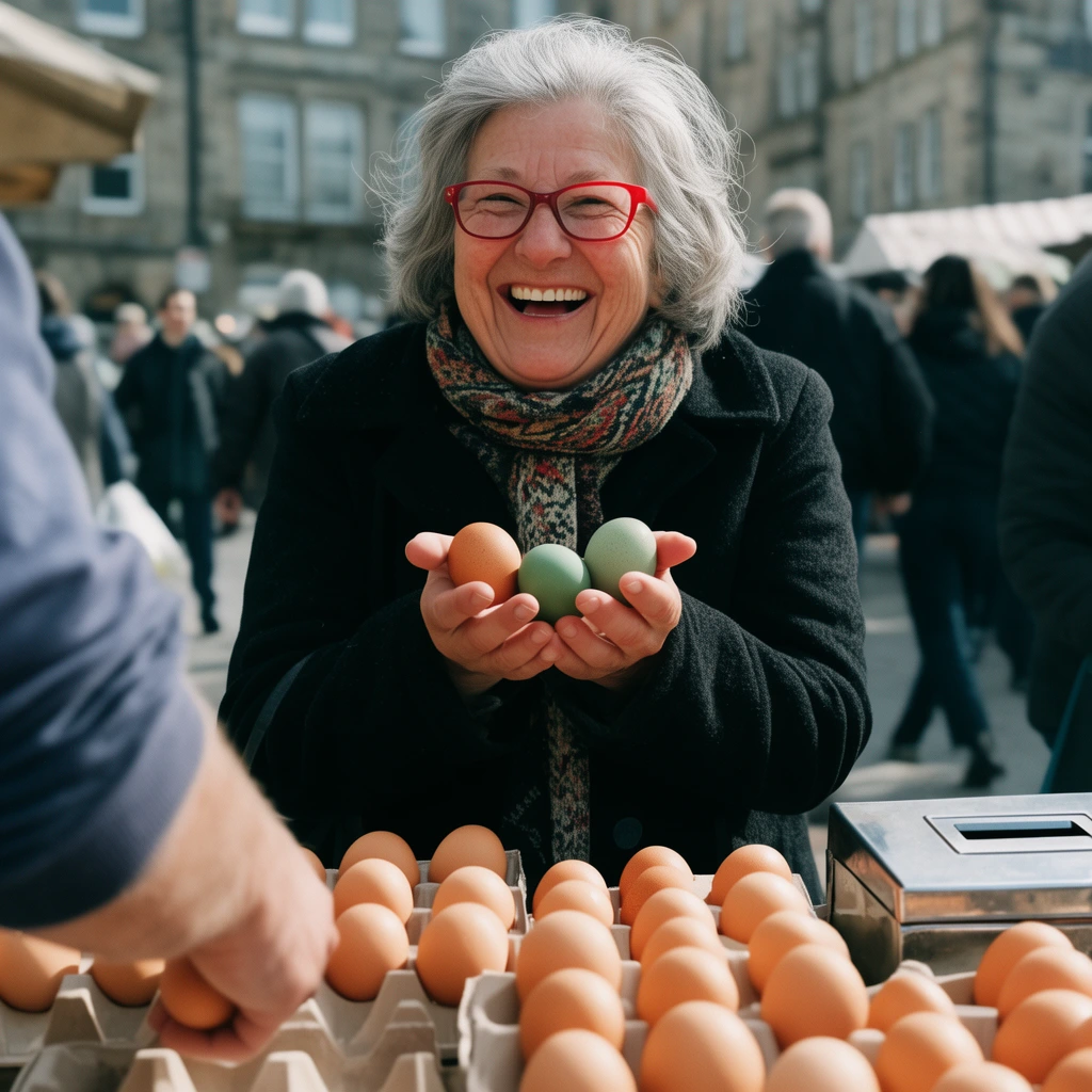 laughing older woman with gray hair and red glasses holding three eggs in cupped hands, two brown and one green, wearing a black coat and patterned scarf at a sunny outdoor market stall, blurred foreground showing a vendor's arm near cardboard cartons filled with brown eggs and a metal cash box, background of out-of-focus pedestrians and stone city buildings, candid street photography, bright natural daylight, shallow depth of field