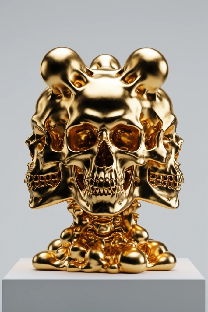 Highly reflective golden sculpture of a mutated multi-faced skull, central face flanked by two seamlessly merged profile skulls, smooth bulbous protrusions on the crown and bubbling base, resting on a white square pedestal, seamless light grey background, hyper-realistic 3D render, dramatic studio lighting, polished metallic texture