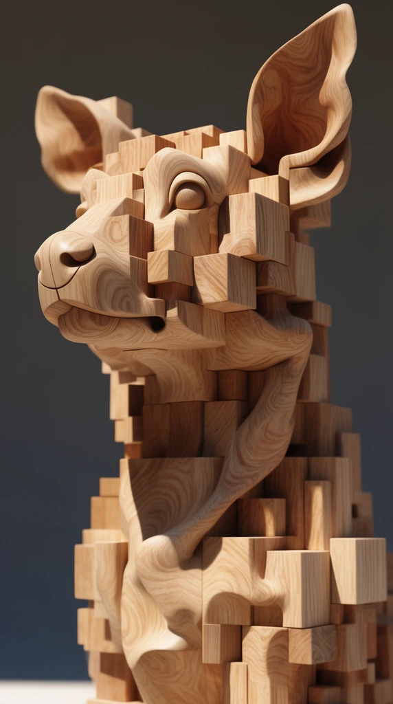 A wooden animal sculpture constructed from interlocking rectangular blocks. Smooth organic contours are carved across the geometric assembly, blending fluid curves with swirling wood grains. Strong sunlight casts deep shadows, contrasting the warm voxel-like forms against a dark gray background.