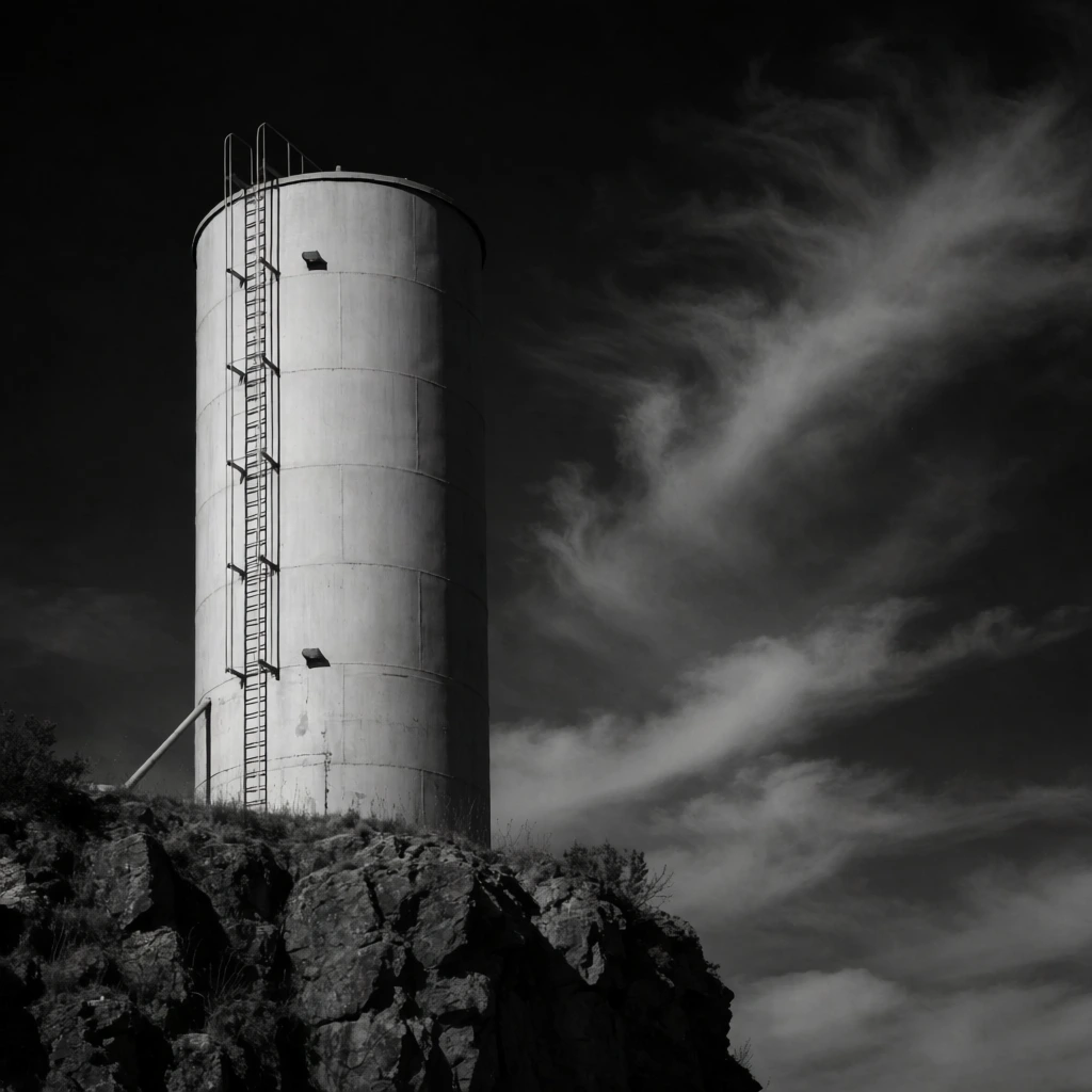 Industrial cylindrical silo on a rocky cliff, metal side ladders, dark dramatic sky with sweeping wispy clouds, high-contrast black and white photography, imposing low angle