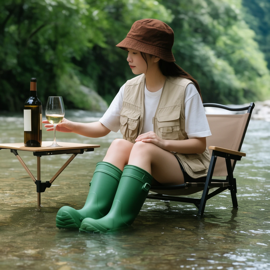 asian woman sitting in a camp chair submerged in a shallow river, brown bucket hat, beige utility vest, chunky green wading boots, reaching toward a wine bottle and glass on a side table, blurred lush forest background, natural daylight