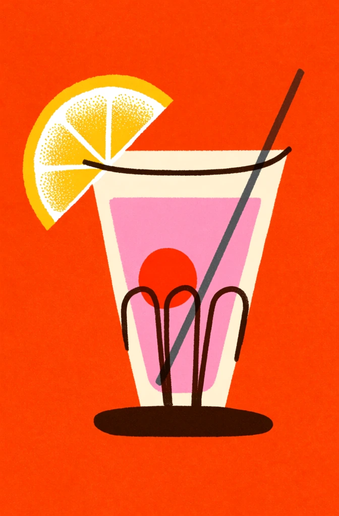 A graphic, flat-style illustration depicts a cocktail glass with a fruit garnish and a stirrer centered against a textured orange background. The tapered glass is rendered in a speckled cream color with dark, bold outlines and features three dark, rounded arches decorating its front surface. Inside the glass, a layer of light pink liquid is visible at the top, and a perfectly circular red cherry sits near the center. A bright yellow citrus slice, shaped like a quarter-circle with five internal segments and white stippled pulp texture, is perched on the upper-left rim. A thin, dark grey stirrer extends diagonally from the middle of the glass, crossing through the liquid and pointing towards the upper right corner. The glass sits upon a dark brown, flattened oval base. The entire composition is set against a vibrant, solid orange background covered in a fine, distressed white texture resembling a screen print. The artwork utilizes a minimalist aesthetic with bold lines, a limited color palette of orange, yellow, cream, pink, and dark brown, and a two-dimensional perspective.